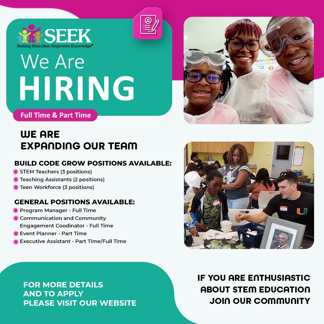 **Join Our Team! 🌟**

We’re hiring and expanding our team with exciting career opportunities! Whether you’re passionate about STEM education or have skills in program management, we want to hear from you.

👉 For more details, apply by visiting seekedu.org