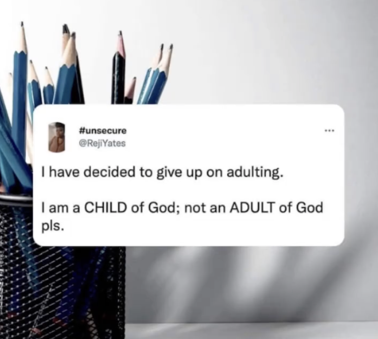 PowerUpChurchAZ's tweet image. Well, adulting is overrated anyway! I&apos;m with you on this one. Let&apos;s embrace our inner child and leave the adulting to someone else. #ChildOfGod #NoAdultingAllowed #PencilPower