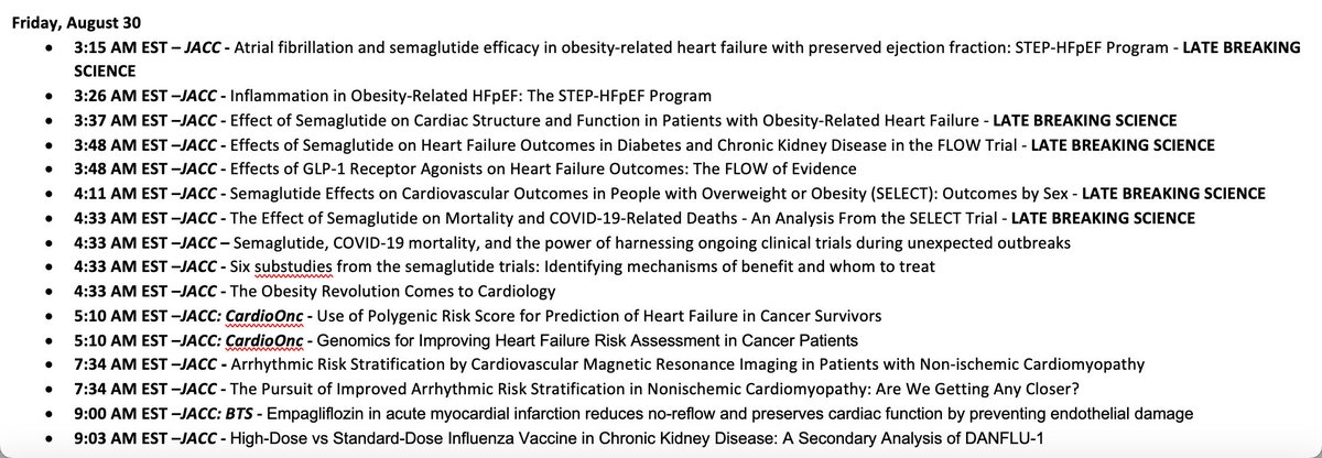 Harlan Krumholz (@hmkyale) on Twitter photo Exciting Fri at #ESCCongress for <a href="/JACCJournals/">JACC Journals</a> and our authors publishing groundbreaking research:
5 LATE BREAKING SCIENCE papers
Many semaglutide studies (STEP-HFpEF, FLOW, SELECT)
and much more…
#CardioTwitter #ESC2024 <a href="/ACCinTouch/">American College of Cardiology</a> <a href="/MkosiborodMD/">Mikhail Kosiborod</a> <a href="/SubodhVermaMD/">Subodh Verma</a> <a href="/scottdsolomon/">scottdavidsolomon</a> Exciting Fri at #ESCCongress for <a href="/JACCJournals/">JACC Journals</a> and our authors publishing groundbreaking research:
5 LATE BREAKING SCIENCE papers
Many semaglutide studies (STEP-HFpEF, FLOW, SELECT)
and much more…
#CardioTwitter #ESC2024 <a href="/ACCinTouch/">American College of Cardiology</a> <a href="/MkosiborodMD/">Mikhail Kosiborod</a> <a href="/SubodhVermaMD/">Subodh Verma</a> <a href="/scottdsolomon/">scottdavidsolomon</a>
