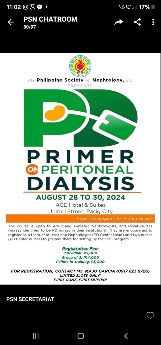 kethivory's tweet image. Now happening: The PSN PD Primer

Highly recommend this high yield PD course 💚 Every year, the PSN hosts a PD primer refresher course. Must attend! 👌#PD #PeritonealDialysis #PDFirst