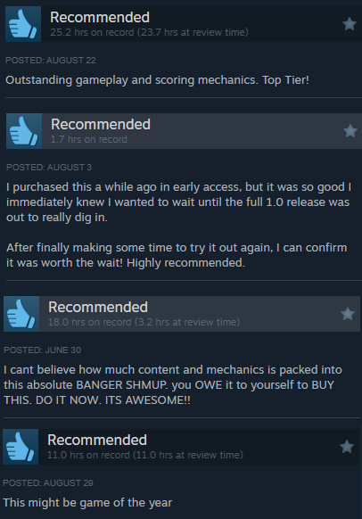 Still seeing some glowing reviews roll in for Astral Gunners! Thanks to everyone who has played and left their thoughts, we're getting closer to that 50 review milestone that the Steam algorithm loves so much.