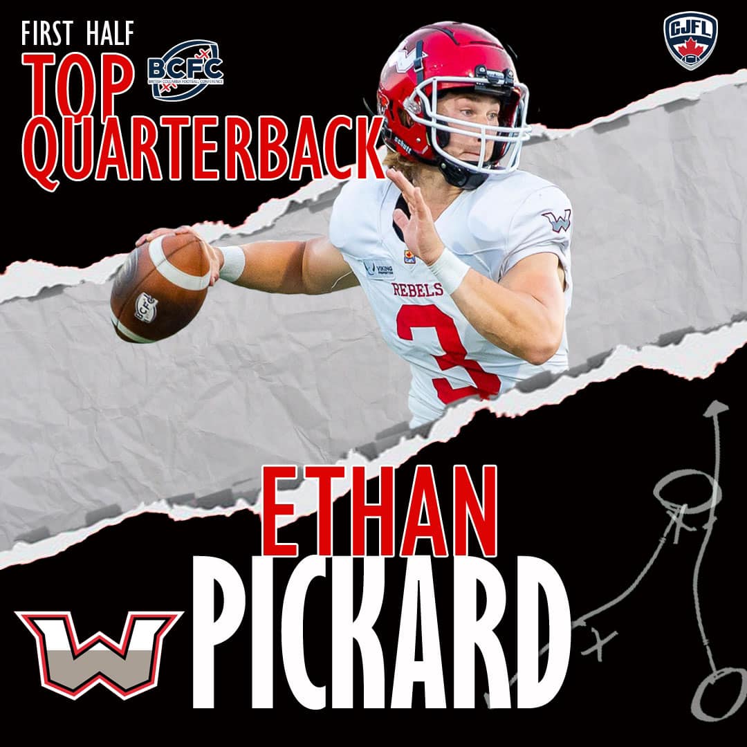 RebelsWestshore's tweet image. We’re thrilled to share that our QB, Ethan Pickard has been recognized by the Canadian Junior Football League as the top QB after the first half of the season! 
#CJFL #BCFC #TopQB #ProudMoment #JuniorFootball #Langford