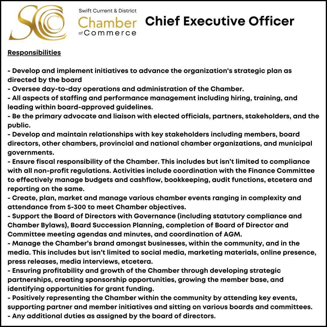 🔎We are looking for our next CEO 🔍

Visit swiftcurrentchamber.ca/employment-opp… for details on the role, the person, how to apply...and of course the many opportunities our Chamber provides!

#chambernetwork #helpingsmallbusiness