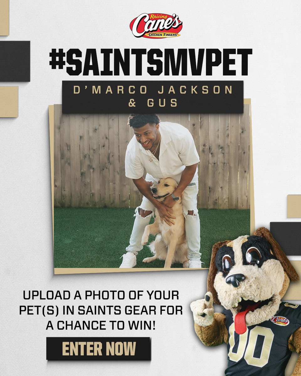 New Orleans Saints (@saints) on Twitter photo .<a href="/DMarcojackson20/">D'Marco Jackson π¦
</a> and his golden retriever, Gus are representing for September #SaintsMVPet!
Show us your MVPet with the link here to submit your photos π neworlns.co/MVPet
You could win tickets to a game for you and a guest and a <a href="/raisingcanes/">Raising Cane's</a> care package!πΎ .<a href="/DMarcojackson20/">D'Marco Jackson π¦
</a> and his golden retriever, Gus are representing for September #SaintsMVPet!
Show us your MVPet with the link here to submit your photos π neworlns.co/MVPet
You could win tickets to a game for you and a guest and a <a href="/raisingcanes/">Raising Cane's</a> care package!πΎ