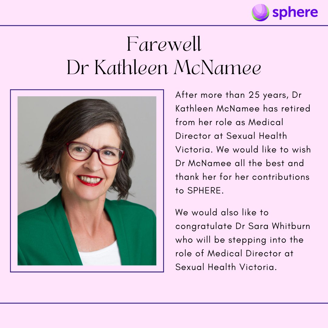 SPHERE (@sphere_cre) on Twitter photo After more than 25 years of dedicated service, Dr. Kathleen McNamee has retired from her role as Medical Director at <a href="/sexualhealthvic/">Sexual Health Victoria🌈</a> . We would like to wish Dr McNamee all the best and thank her for her contributions to SPHERE.
#SRH #SRHAustralia #SHV After more than 25 years of dedicated service, Dr. Kathleen McNamee has retired from her role as Medical Director at <a href="/sexualhealthvic/">Sexual Health Victoria🌈</a> . We would like to wish Dr McNamee all the best and thank her for her contributions to SPHERE.
#SRH #SRHAustralia #SHV