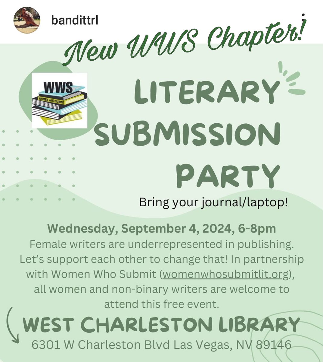 WomenWhoSubmit's tweet image. Welcome to our newest WWS Chapter - NEVADA! 
@judimaehuck is Chapter Lead!
Submission Party: Wednesday, September 4th, 6-8pm, West Charleston Library 6301 W. Charleston Blvd., Las Vegas, NV
#womenwhosubmitlit 
#womenwriters #NonbinaryWriters #Nevada #LasVegas #writingcommunity