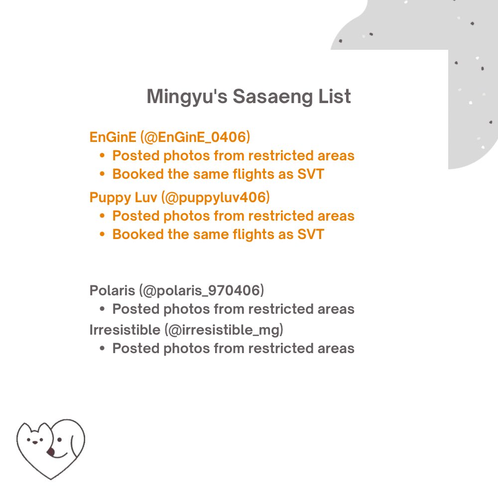 INFO below on Mingyu and Wonwoo’s active sasaengs as well as the DNI list for twitter accounts who have targeted them.

We advise not to interact/engage in any form. Thank you.