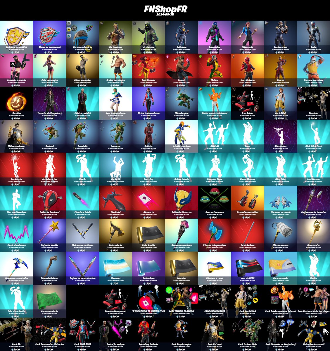 FNShopFR's tweet image. Boutique #Fortnite du 2024-08-30 !

N'oubliez pas d'activer les notifs pour ne rater aucune boutique. 🔔

Nombres d'items : 102
Maximum vu pour la dernière fois : 1216 jours
Minimum vu pour la dernière fois : 1 jours