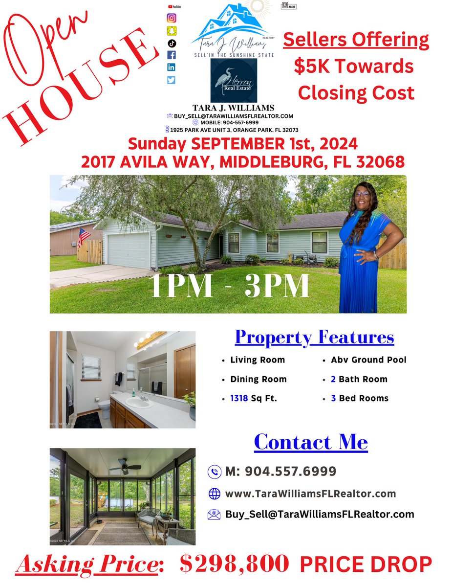 See everyone at my Open House THIS SUNDAY 9/1/24 FROM 1PM till 3PM, 2017 AVILA WAY, Middleburg, FL 32068. I am Your Local Florida Real Estate Professional. I'LL👩🏽‍💼work to earn your business! I WANT YOUR BUSINESS!!  Contact me anytime! I am on all platforms. #HireMeAndContactMeTara