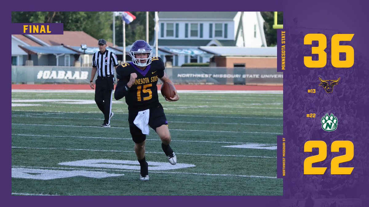 MinnStFootball's tweet photo. Final Score | Minnesota State 36, Northwest Missouri 22 https://t.co/mSGOpu1lfe