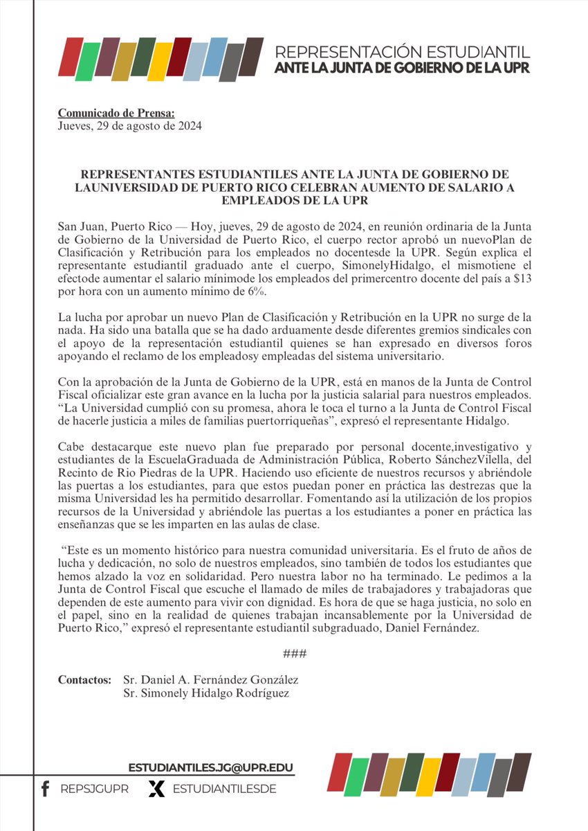 REPRESENTANTES ESTUDIANTILES ANTE LA JUNTA DE GOBIERNO DE LA UNIVERSIDAD DE PUERTO RICO CELEBRAN AUMENTO DE SALARIO A EMPLEADOS DE LA UPR

<a href="/simonhidalgor/">Simon Hidalgo</a> <a href="/DanFernandezPR/">Daniel A. Fernández</a>
