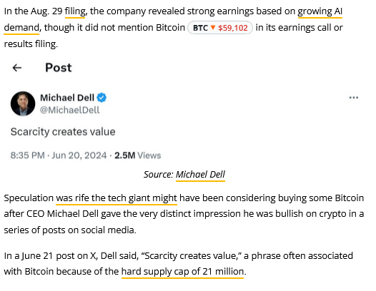 Cointelegraph's tweet photo. Bitcoiners were disappointed with Dell’s latest earning report, which showed no signs of $BTC love despite the CEO’s recent social media posts. https://t.co/ccI054hu8d