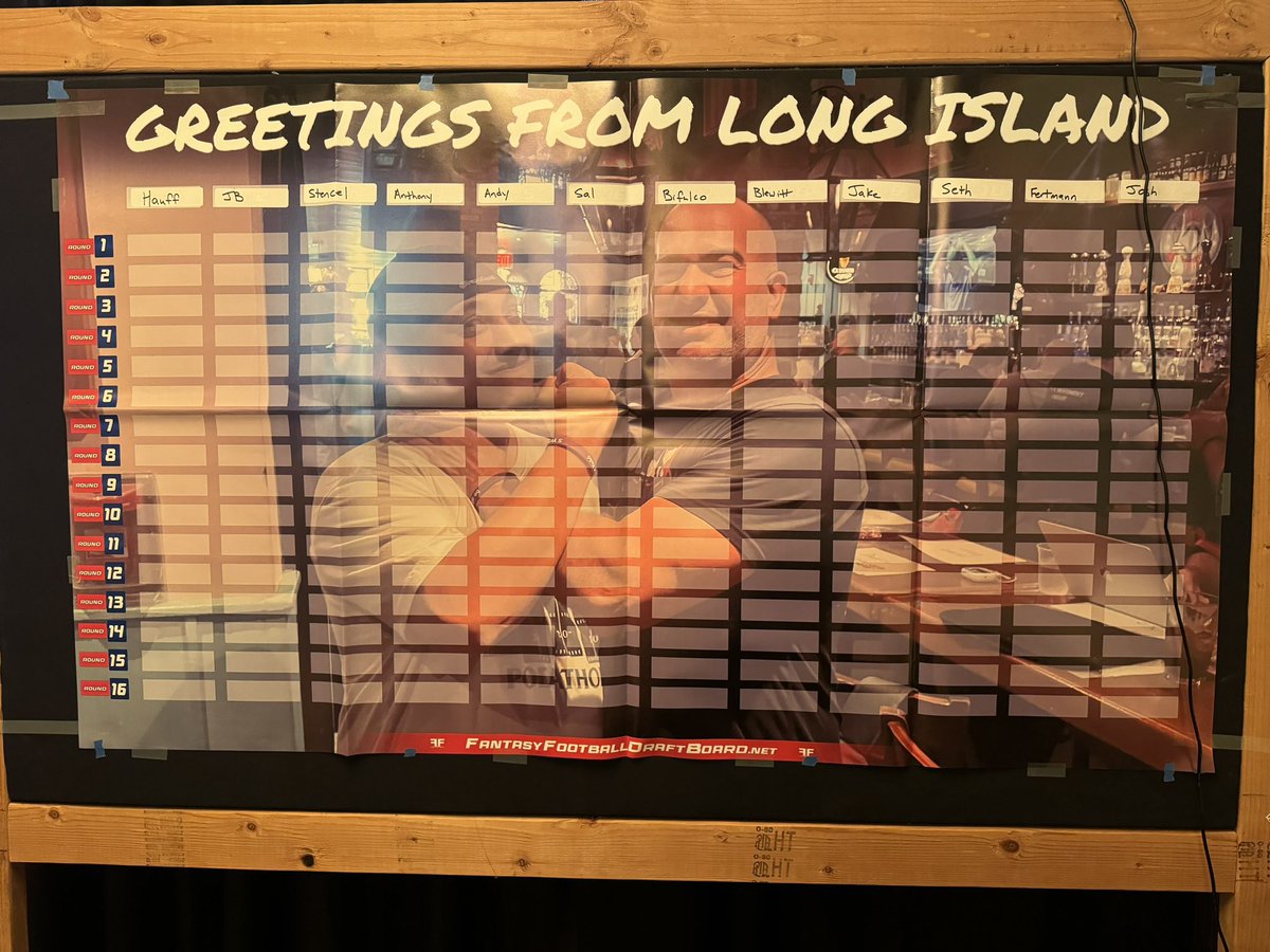 SalLetoFF's tweet photo. Year 4 of the “Greetings From Long Island” League w/@FantasyCoachJB @JakeAndersonPGA @mikeblewitt @fftheathomedad @adamfertmann @TheFFRealist @Munson1897 @PeoplezPen @Mbifulco94 @jagblue16 and on sticker duty my son @sleto22. Another great live draft with a great group. https://t.co/L3KEbE3qvL