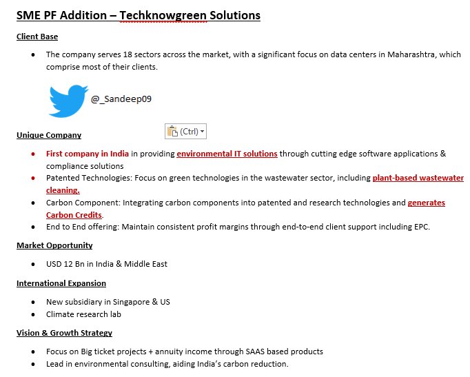Sectorsignals's tweet image. SME PF Addition - Techknowgreen Solutions - Clean Energy Consulting Firm
First company to provide environmental consulting & compliance through IT solutions including App
End to end consulting with high margin profile
Patents registered
- Plants to Waste Water Treatment
-…