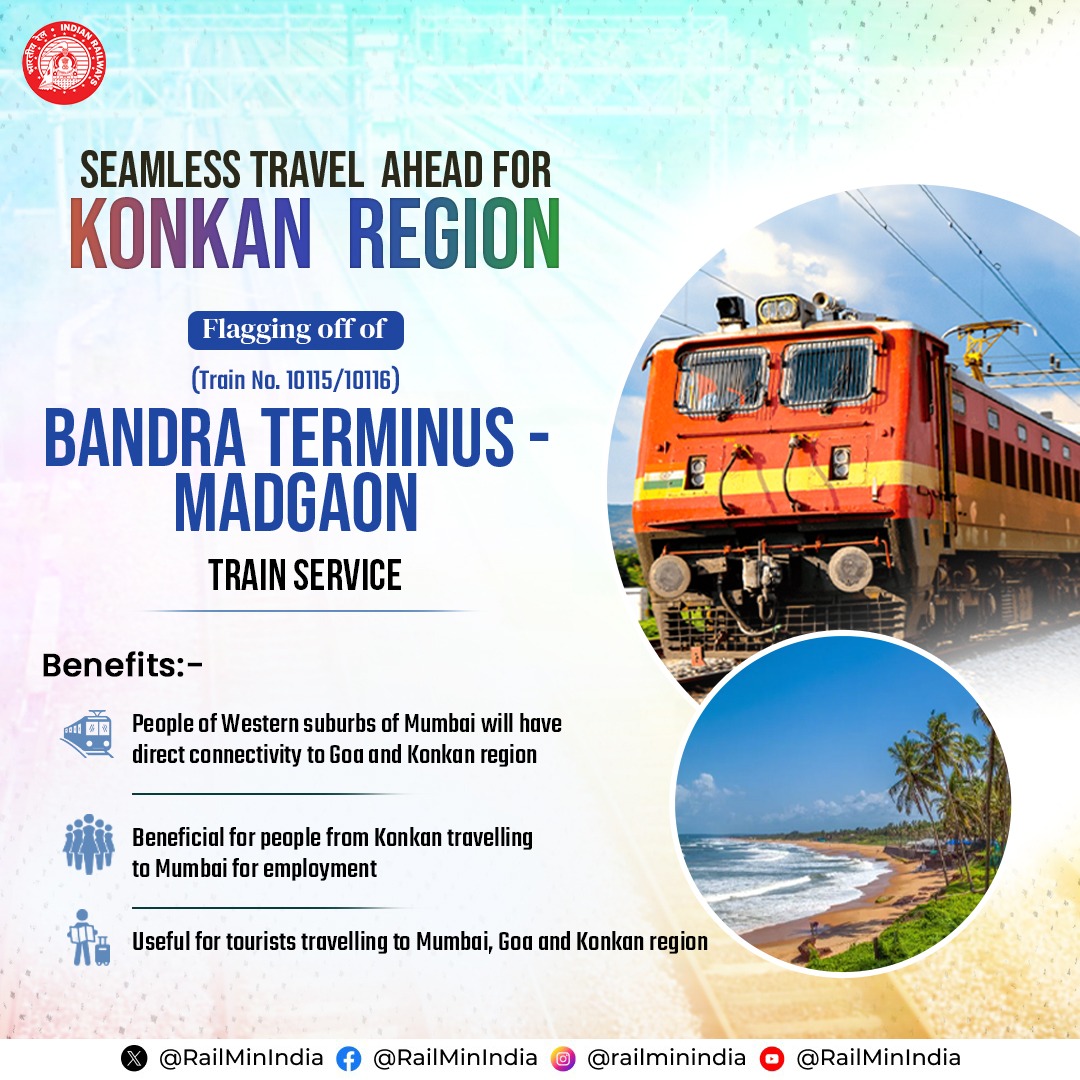 RDSOLucknow's tweet photo. Flagging off of Bandra Terminus – Madgaon train service will establish direct connectivity between Mumbai's western suburban area and the Konkan region, benefitting daily commuters travelling to Mumbai for employment.
#RailInfra4Maharashtra
Source: @RailMinIndia https://t.co/6UzjJHEHLe