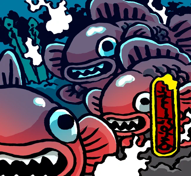 がんばれゴエモンのイラスト描く。魚介のうらみ、ギョニーンたち。 