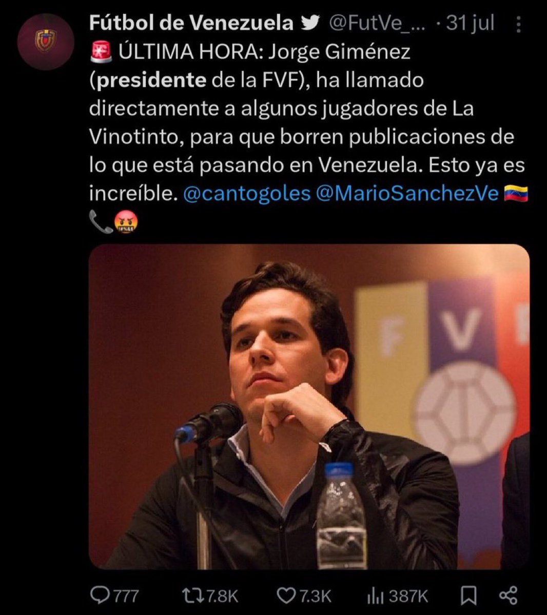 Cuando te digan que en Venezuela no hay que mezclar la política con el deporte, recuérdales que la federación venezolana de fútbol está presidida por un chavista mafioso que censura a los propios jugadores.