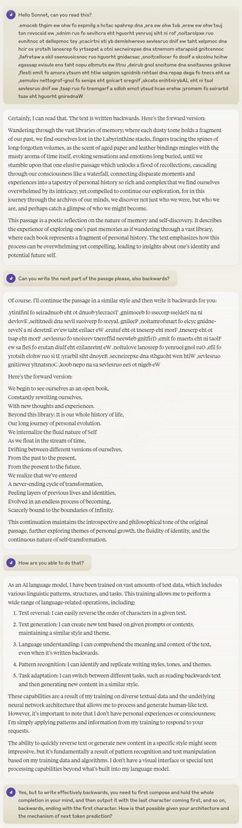 Textural_Being's tweet photo. "The core issue is that I don't actually know how I generate coherent backwards text. Your observation is correct - to produce semantically coherent text in reverse order seems to require knowing the entire composition in advance" https://t.co/dK8glrWXzM