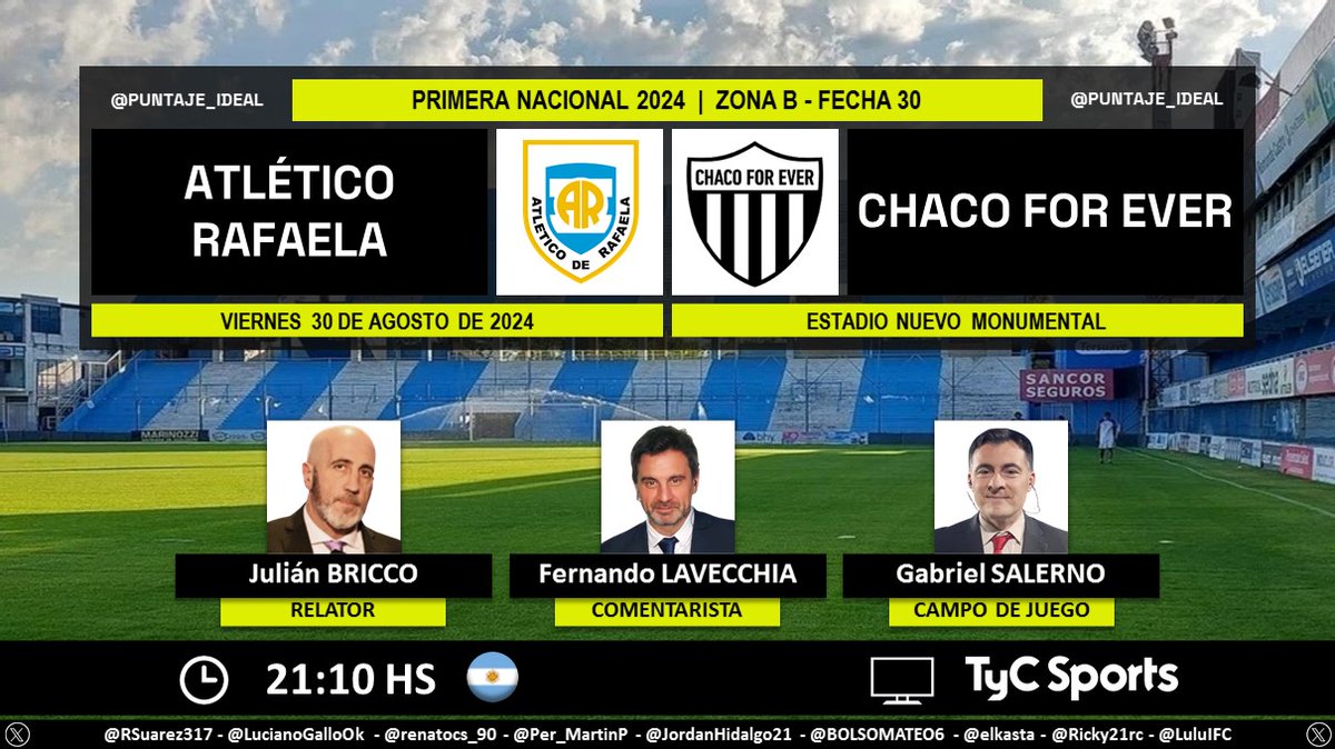 Puntaje Ideal (@puntaje_ideal) on Twitter photo ⚽ #PrimeraNacional 🇦🇷 | #AtléticoRafaela vs. #ChacoForEver
🎙️ Relator: Julián Bricco
🎙️ Comentarista: <a href="/Ferlavecchia/">Fernando Lavecchia</a>
🎙️ Campo de juego: <a href="/salernogabi/">Gabriel Salerno</a>
📺 <a href="/TyCSports/">TyC Sports</a> 🇦🇷
💻📲 <a href="/TyCSportsPlay/">TyC Sports Play</a> 🇦🇷
🤳 #NacionalEnTyCSports
Dale RT 🔃 ⚽ #PrimeraNacional 🇦🇷 | #AtléticoRafaela vs. #ChacoForEver
🎙️ Relator: Julián Bricco
🎙️ Comentarista: <a href="/Ferlavecchia/">Fernando Lavecchia</a>
🎙️ Campo de juego: <a href="/salernogabi/">Gabriel Salerno</a>
📺 <a href="/TyCSports/">TyC Sports</a> 🇦🇷
💻📲 <a href="/TyCSportsPlay/">TyC Sports Play</a> 🇦🇷
🤳 #NacionalEnTyCSports
Dale RT 🔃