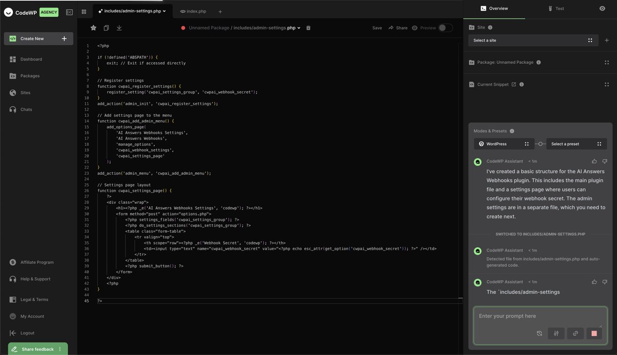 jameswlepage's tweet image. Using @codewp_ai to build out a production ready plugin for another WPAI offering ... awesome