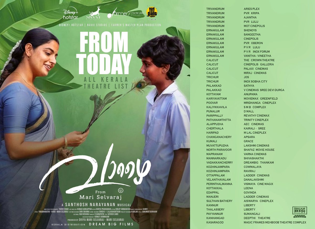 DREAMBIGFILMS (@dreambig_film_s) on Twitter photo #Vaazhai from Today
<a href="/mari_selvaraj/">Mari Selvaraj</a>
<a href="/Music_Santhosh/">Santhosh Narayanan</a> <a href="/Jayamoorthysing/">Sithan jayamoorthy</a> @ayngaran_offl <a href="/navvistudios/">Navvi Studios</a>
@disneyplusHSTam
<a href="/RedGiantMovies_/">Red Giant Movies</a> <a href="/thinkmusicindia/">Think Music</a> @Fmpp_Films <a href="/Nikhilavimal1/">Nikhila Vimal</a> <a href="/DreamBig_film_s/">DREAMBIGFILMS</a> <a href="/jsujithnair/">Sujith J Nair</a> #Vaazhai from Today
<a href="/mari_selvaraj/">Mari Selvaraj</a>
<a href="/Music_Santhosh/">Santhosh Narayanan</a> <a href="/Jayamoorthysing/">Sithan jayamoorthy</a> @ayngaran_offl <a href="/navvistudios/">Navvi Studios</a>
@disneyplusHSTam
<a href="/RedGiantMovies_/">Red Giant Movies</a> <a href="/thinkmusicindia/">Think Music</a> @Fmpp_Films <a href="/Nikhilavimal1/">Nikhila Vimal</a> <a href="/DreamBig_film_s/">DREAMBIGFILMS</a> <a href="/jsujithnair/">Sujith J Nair</a>