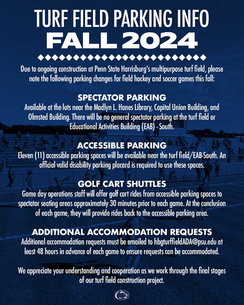 Important parking information to know as construction continues on Penn State Harrisburg's multipurpose turf field this fall.

#pshbgfh
#pshbgmsoc
#pshbgwsoc

#PrideSpiritHonor