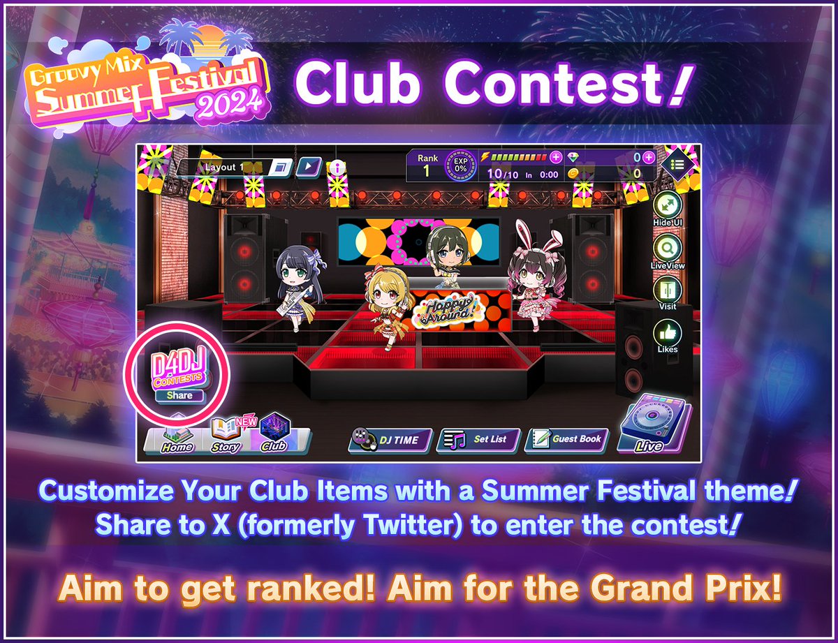 D4DJ_game_EN's tweet photo. 🏆CLUB CONTEST🏆

Summer Festival 2024 Club Contest begins now!

Customize your clubs and setlists with a Summer Festival theme, and share them with #D4DJClubContest!

📆Contest Period:
Aug. 30 8:00~Oct. 8 7:59 AM UTC https://t.co/AmivCjeU8M