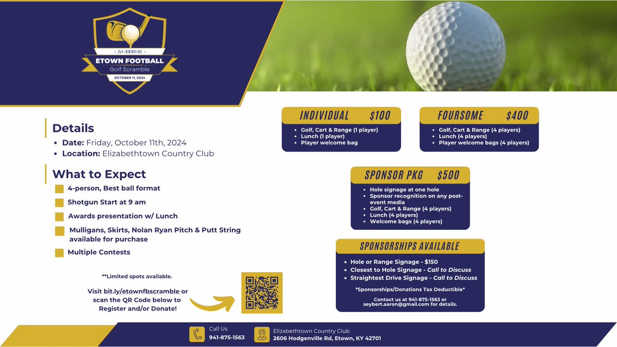 aaronseybert's tweet photo. Join us on October 11th for the 1st Annual @EtownFB Golf Scramble! Limited spots available! Get registered ASAP at https://t.co/DiKH4dX0QW https://t.co/6nX0JRpItC