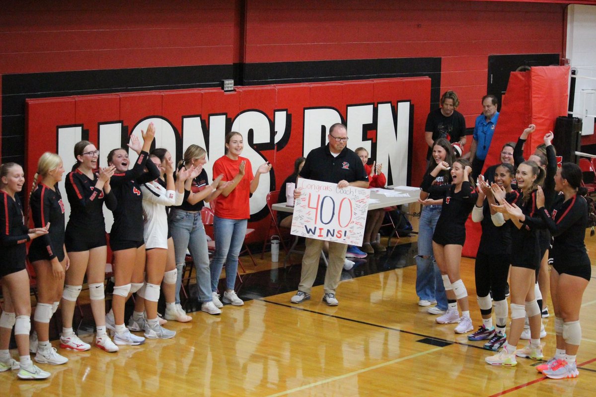 cjschwennen's tweet photo. The first home game of the season is always an exciting night in the Lion’s Den, but tonight was a pretty special one 🏐🦁 

Congratulations on wins 400 and 401 tonight! You’re one of a kind, Coach @kamaus925 ! 

@LisbonHSVB @Lion_Activities @jtlinder https://t.co/w902EI3Ssn