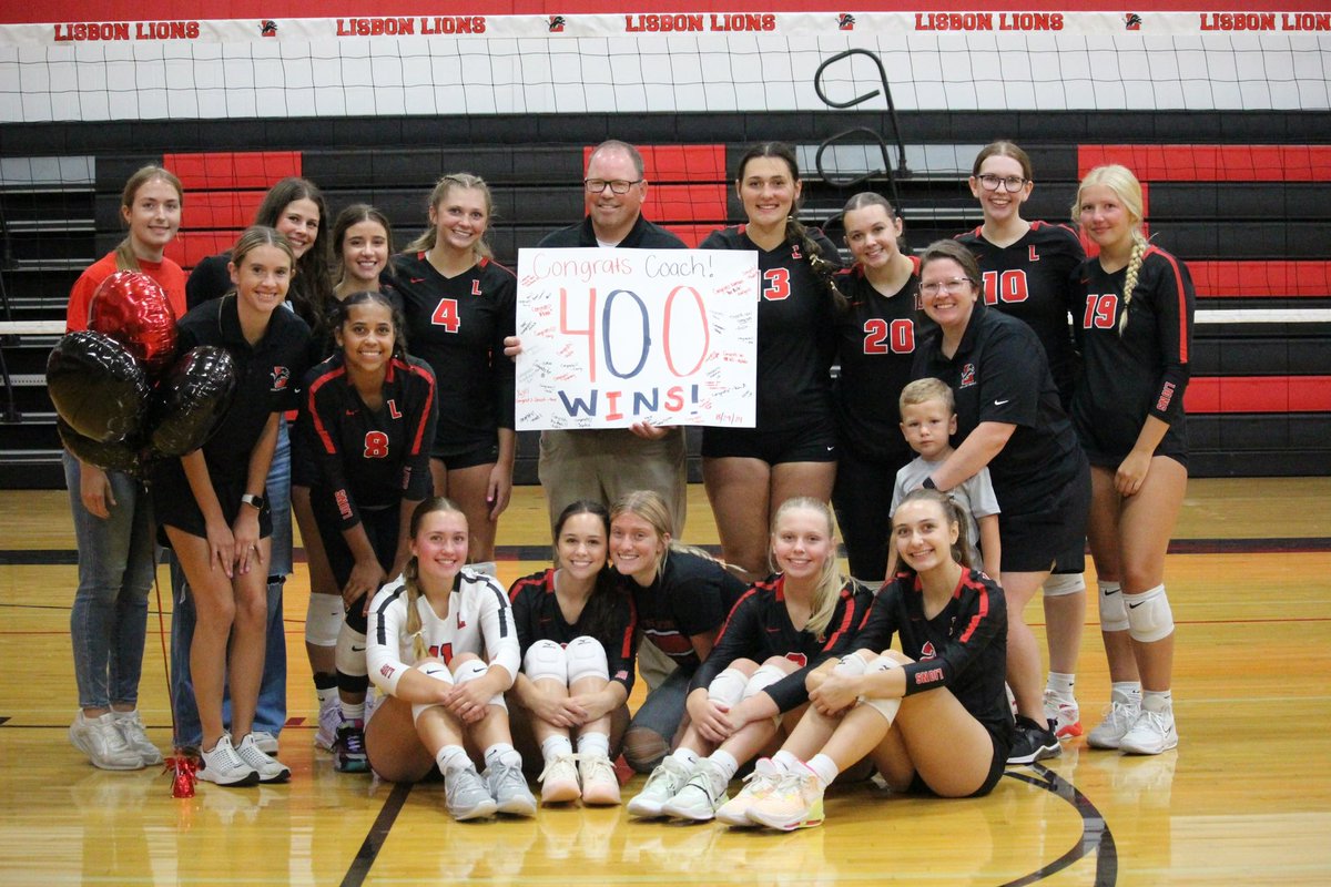cjschwennen's tweet photo. The first home game of the season is always an exciting night in the Lion’s Den, but tonight was a pretty special one 🏐🦁 

Congratulations on wins 400 and 401 tonight! You’re one of a kind, Coach @kamaus925 ! 

@LisbonHSVB @Lion_Activities @jtlinder https://t.co/w902EI3Ssn