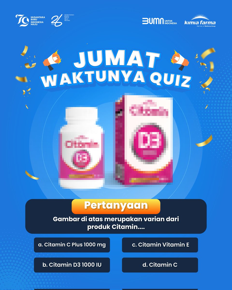 kimiafarmaind's tweet photo. Jum’at waktunya QUIZ!

Hai #SahabatKaef! Yuk tebak gambar di atas merupakan varian dari produk Citamin apa?

Yuk jawab dan tag tiga (3) temanmu untuk ikutan quiz ini juga yaaa~

#IngatSehatIngatKimiaFarma #quizkaef #weeklyquiz #quiz #kuistwitter #kuis #kimiafarma https://t.co/tkyXYz1mC9