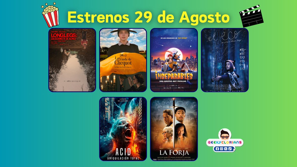 Geekyclorians's tweet photo. 📽 #Geekyclorianos es jueves de #estrenos en cine, esta es la cartelera:
🍿#Longless
🍿 #Inseparables
🍿 #Ácido
🍿#LaViudadeClicquot
🍿#ElEco
🍿#LaForja
¿Qué película verás este fin de semana? https://t.co/BgjhUBoiRA