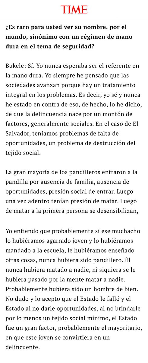 nayibbukele's tweet photo. Aquí hay otro fragmento de mi entrevista con @TIME:

"POLÍTICAS DE PUÑO DE HIERRO".

Entrevista completa aquí: https://t.co/wGWW9ZfFzg https://t.co/4ytwcMLxYY