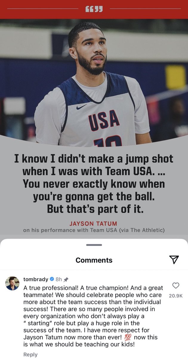 LegionHoops's tweet photo. Tom Brady comes to Jayson Tatum’s defense:

“There are so many people involved in every organization who don't always play a ‘starting’ role but play a huge role in the success of the team. I have more respect for Jayson Tatum now more than ever! 💯 now this is what we should be teaching our kids!”

(h/t @ClutchPoints)