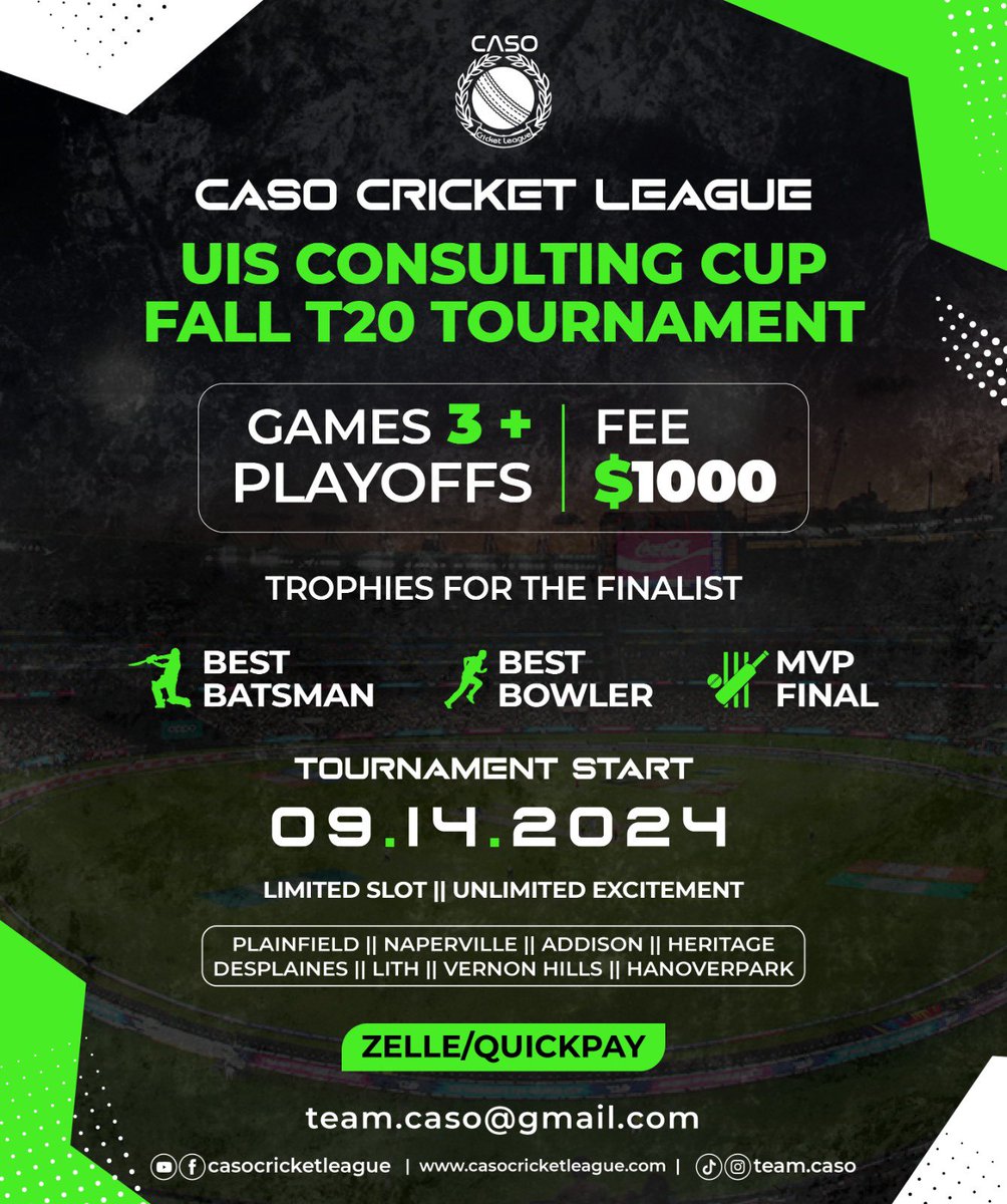 TeamCASO1's tweet photo. UIS Consulting Cup || Fall T20 

Registration Open …

#TeamCASO #ChicagoCricket #CASOCricketLeague https://t.co/YRvaSL6ChY