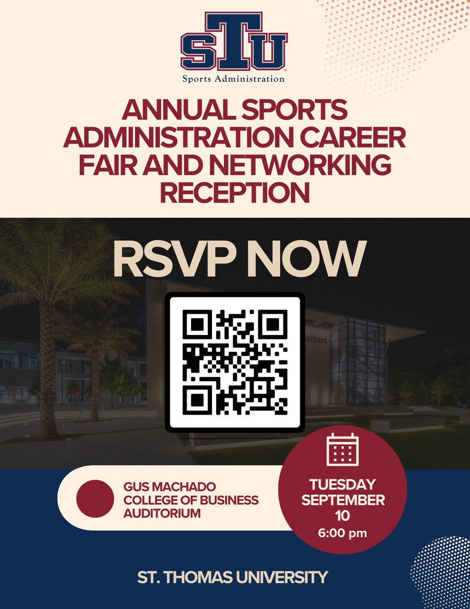STUdents! It's almost time for our signature event of the year. The Annual Sports Administration Career Fair and Networking Reception is less than two weeks away!

This event is for STU Students only, use the link to RSVP or scan the QR code. 🐾💙
stu.edu/business/spoad…