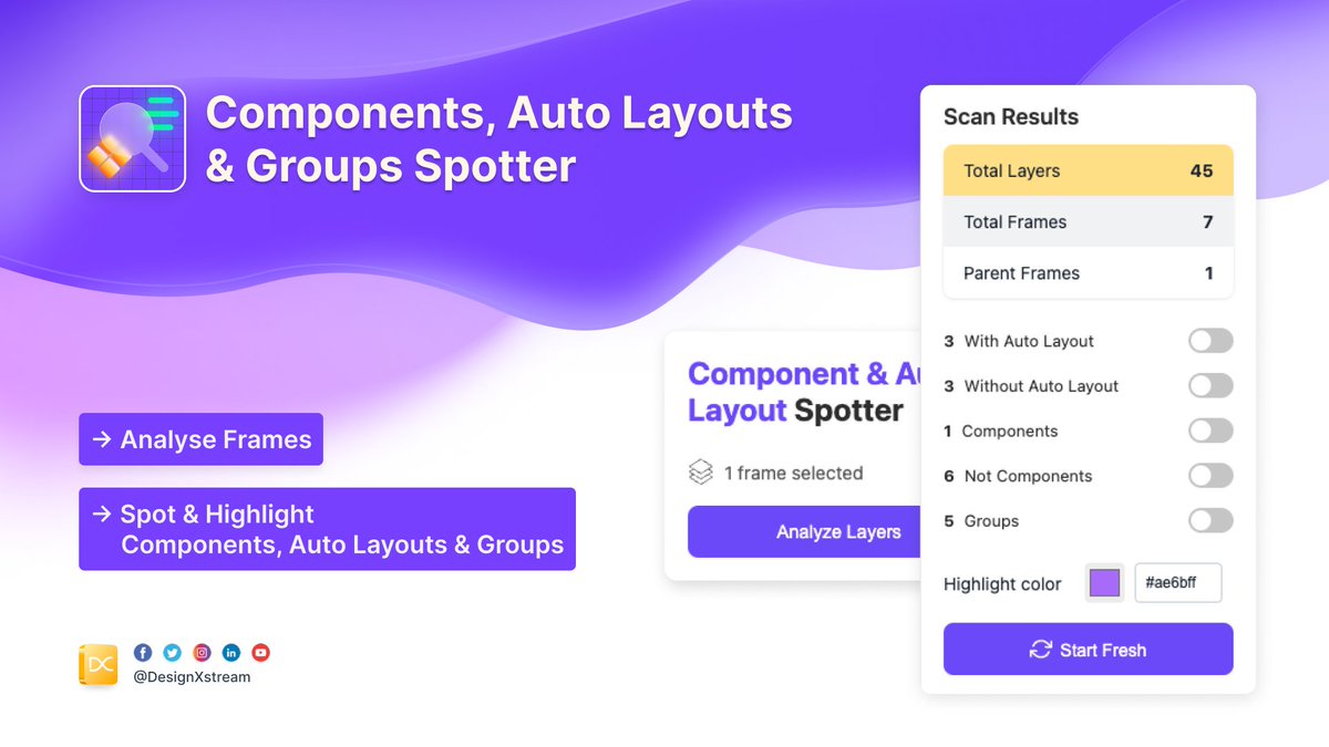 DesignXstream's tweet photo. I made my first plugin for Figma!
➡️ Components, Auto Layouts &amp; Groups Spotter

Struggling to spot frames without Auto Layout or identify non-component elements? Say goodbye to manual searches!

Instantly highlight Auto Layout frames, components, groups, and more in your designs! https://t.co/HBbRViL7Xq