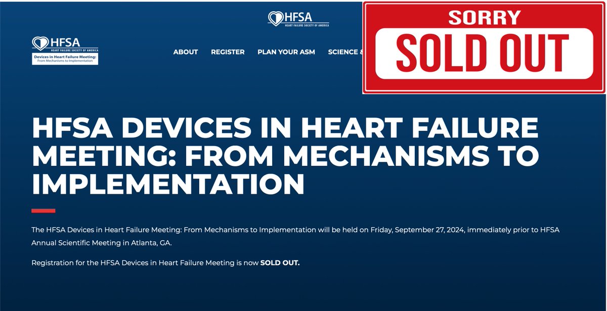 🚨The newest event by <a href="/HFSA/">HFSA</a> on Sept 27th in Atlanta is now SOLD OUT and we are still a month out! Thanks everyone for their interest in "Devices in Heart Failure- From Mechanism to Implementation"
➡️See you all there  #MedTech #Interventional_HF
hfsa.org/asm/hfsa-devic…