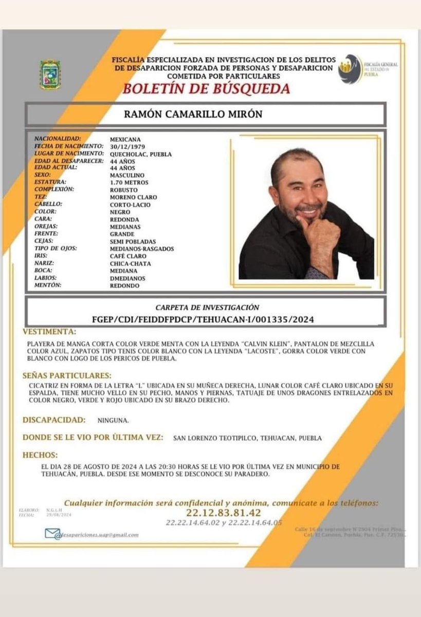 JCarlos_Valerio's tweet photo. #ServicioSocial || Ayuda para localizar a Ramón Camarillo Mirón de 44 años de edad. Fue visto por última vez el 28 de agosto en el municipio de #Tehuacán, #Puebla. https://t.co/SYjg8I0OOj