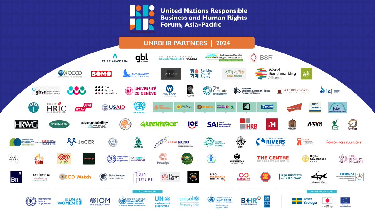 We are excited to bring together more than 90 partners at the #UNRBHR Forum this year!

Through 60+ sessions, you'll hear diverse perspectives 💬 and innovative ideas 💡 that will drive progress on #BizHumanRights in Asia.

Join us 24-27 September 🗓️! 

🔗 rbhrforum.com