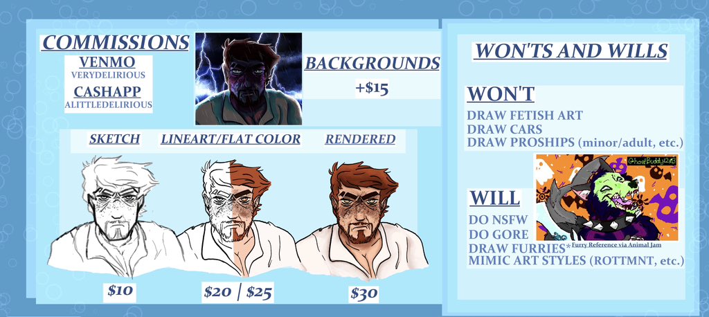 PlasmicChucks's tweet photo. Hi!! I'm in a new apartment and need money for food, hygiene, and other homely needs while I find a job!
If you wanna help, here's my commission sheet! If you can't spend anything then you could like and share! 💚

 It would mean the world to me! https://t.co/y2nrPnHOwL
