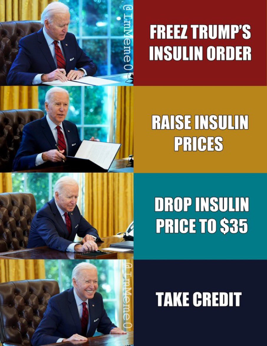 snoopsmom123's tweet photo. 1. “President Trump Announces Lower out of pocket Insulin.” Ctr for Medicare and Medicaid 
2.”Biden Administration rescinds Trump administration Insulin,”price reduction. 
3. So He freezes  Trump’s insulin order, raised Insulin prices, so he could drop it back down, and take credit?? 
Kamala wants people to forget, but most of US do not. 
#DemocratsAreEvil 😈