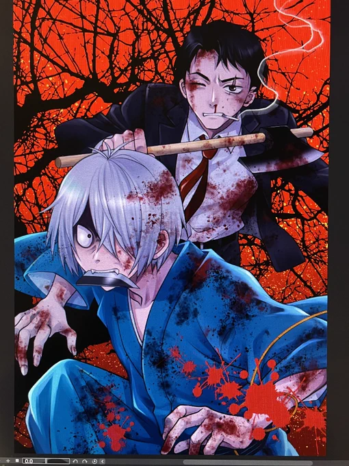 真生版楽しみすぎて!ゲゲ郎も水木ももっと血塗れになるのかなー去年初めて描いた2人と、今週描いた父たち。血の量120% #ゲゲゲの謎 