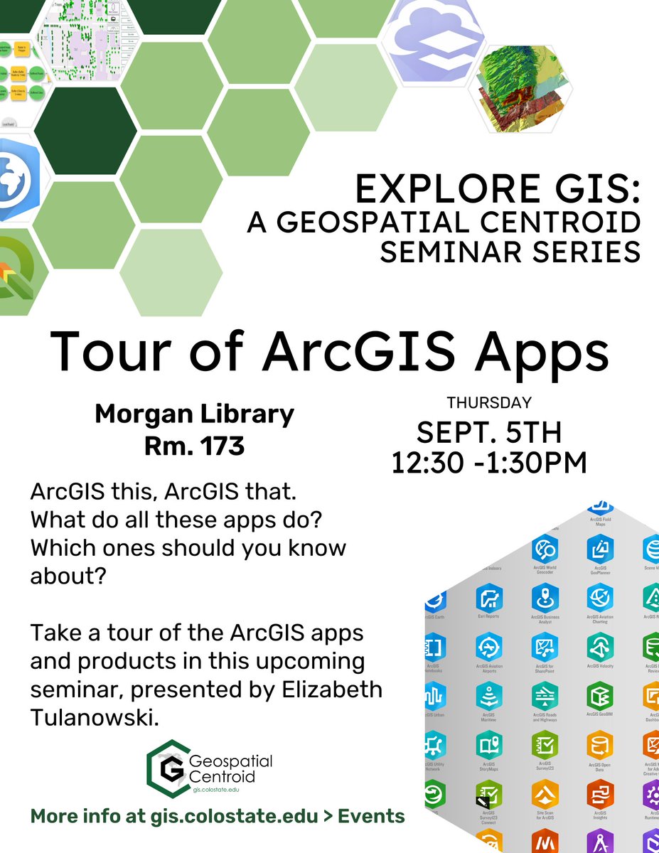 Geospatial Centroid (@centroid_csu) on Twitter photo Our Explore GIS seminar series starts next week!
Ever wonder what all those Arc-something apps do? And which ones you should learn about?
- Tour of ArcGIS Apps -
Thurs Sept 5, 12:30-1:30pm
<a href="/CSUMorganLib/">Colorado State University Libraries</a> Rm. 173
colostate.libcal.com/event/13064048
#arcgis #esri #colostate #gischat Our Explore GIS seminar series starts next week!
Ever wonder what all those Arc-something apps do? And which ones you should learn about?
- Tour of ArcGIS Apps -
Thurs Sept 5, 12:30-1:30pm
<a href="/CSUMorganLib/">Colorado State University Libraries</a> Rm. 173
colostate.libcal.com/event/13064048
#arcgis #esri #colostate #gischat