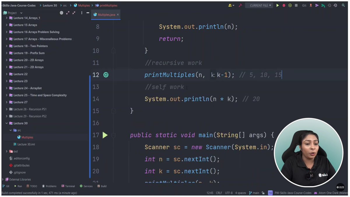 Krishan17115155's tweet image. #Day30 of #JavaWithDSA: Revised notes, learned to solve k multiples & sum of n natural numbers with alternate signs using recursion. Thanks @ManviTyagi9 & @Singh1Aryan ! #Coding #Java #DSA