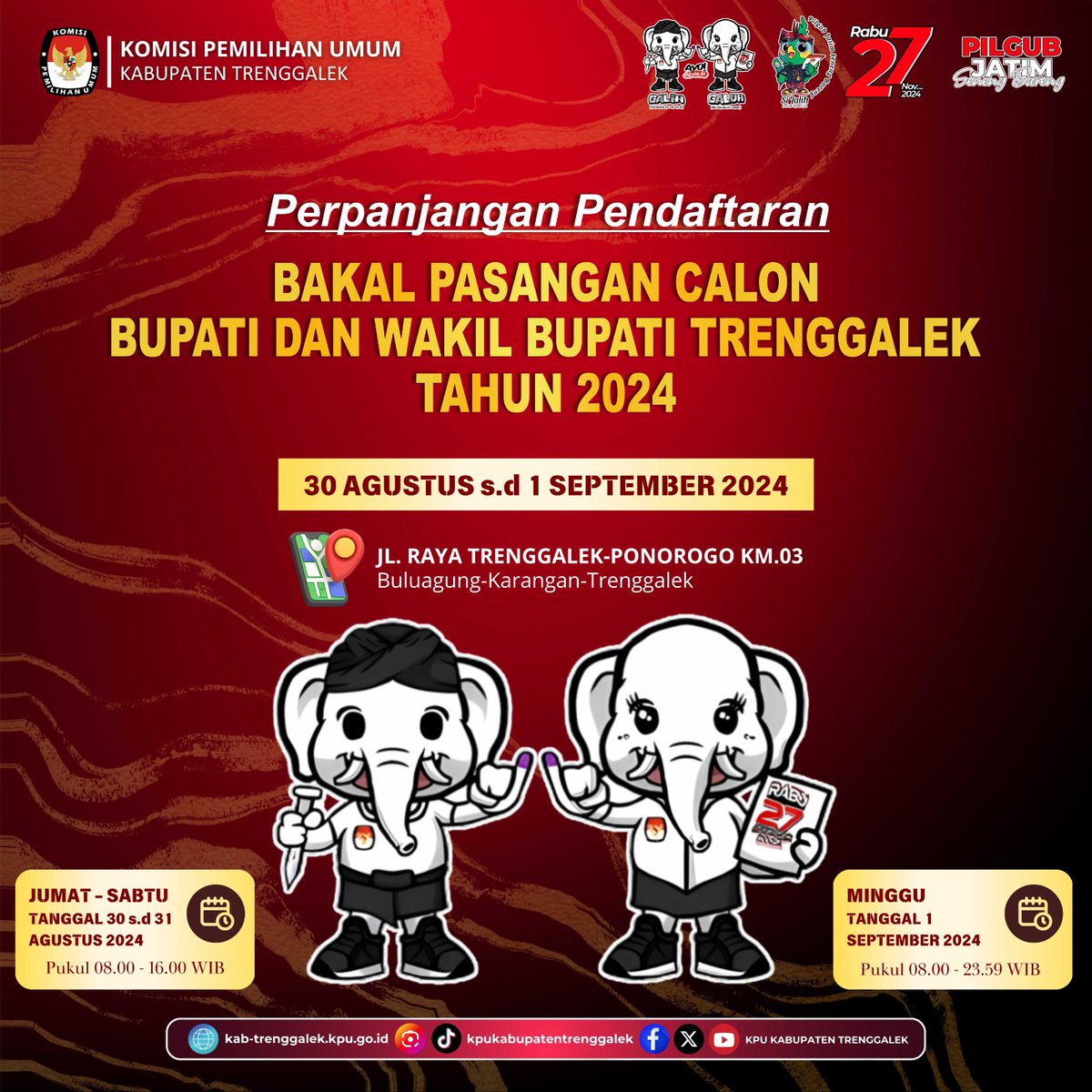kputrenggalek's tweet photo. Hai #TemanPemilih

Perpanjangan pendaftaran Bakal Pasangan Calon Bupati dan Wakil Bupati Trenggalek tahun 2024.

#PilkadaSerentak2024
#KPUMelayani
#Integritas24jam
#KaPeU
#KamuPerluTau
#KPUKabTrenggalek https://t.co/QNoXHBxTvH