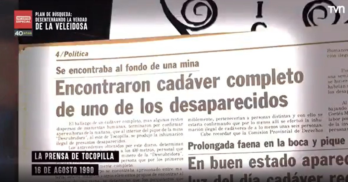 TVN's tweet photo. El hallazgo del primer cadáver permite esclarecer las interrogantes que aún existen en los años 90 en Tocopilla. No se trata de restos arqueológicos, son detenidos desaparecidos. #InformeEspecialTVN  y “Plan de Búsqueda: Desenterrando la verdad de La Veleidosa”.

Más detalles ➡️ https://t.co/ro0ezGbW0X

Sigue la señal en vivo ➡️  https://t.co/jpbkyuTPgq