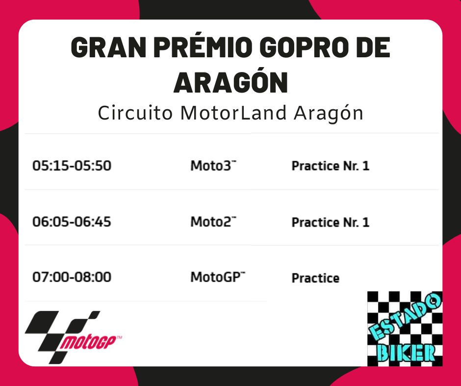 EstadoBiker's tweet photo. Horarios de MotoGP Gran Premio GoPro de Aragón.

05:15 a. m. - Practica 1 Moto3
06:05 a. m. - Practica 1 Moto2
07:00 p. m. - Practica MotoGP

¡Sintoniza y disfruta de la velocidad y la emoción de Moto3, Moto2 y MotoGP a través de @ESPNmx y @disneyplusla!

#MotoGP #AragonGP https://t.co/dk5GRnm6GH