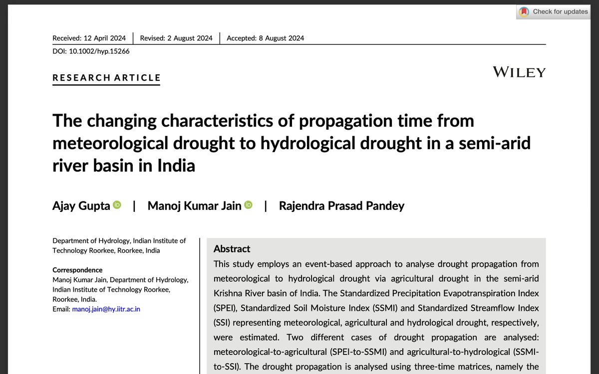 ajaygupta51093's tweet photo. Excited to share our latest publication on event-based drought propagation analysis using multiple timescales and threshold values.
Thankful to my supervisors @mkjainiitr and Dr. R.P. Pandey.
Read here: https://t.co/3lJ9iCYBRf
@hydrology_IITR @iitroorkee
#hydrologicalprocesses https://t.co/MYY4OCnvYc