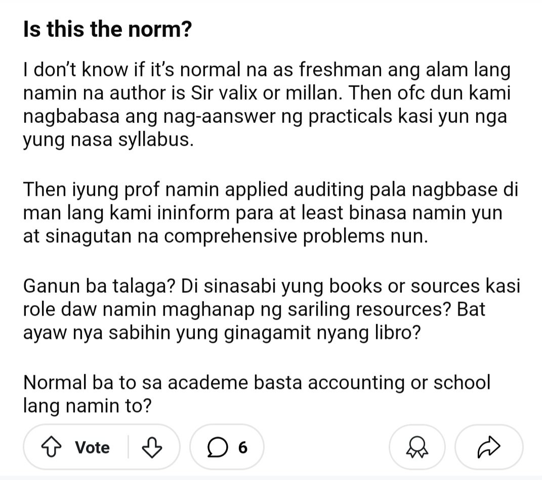 ttdb_cpa's tweet photo. Sadly, one of the reasons bakit mataas mortality rate sa BSA. Canon event ito 😅. Wala namang masama kung aud prob ang difficulty,  at least man lang magbigay ng similar examples pag discussions, hindi yung gulatan pag exam. Worse, kasalanan pa ng student pag mababa score https://t.co/GTLUpW5EKP